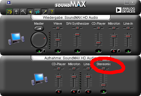 SoundMAX with StereoMix enabled. Here's a step by step guide to help you 